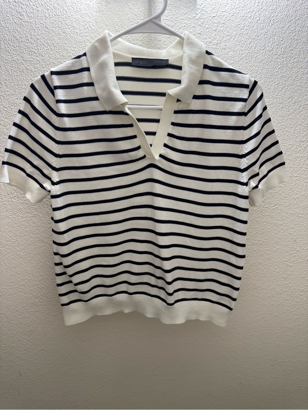 Zara White and Black Striped Polo-Style Short Sleeve Top